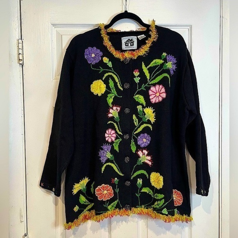 RARE Vintage Floral Embroidery Cardigan Sweater Storybook Knits 1X